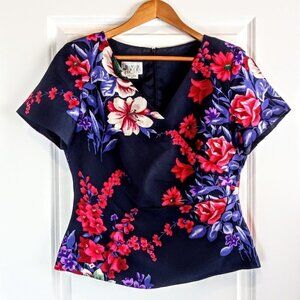 David Warren Floral Pleated Wrap Effect Silk Top